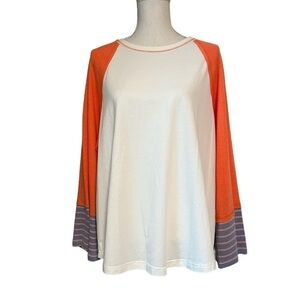 MAIN STRIP WOMENS WHITE, ORANGE & BLUE PULLOVER LONG SLEEVE RAGLAN TOP SZ L NWT